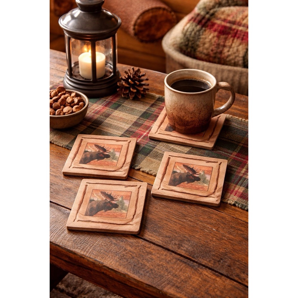 Set Of 4 Thirstystone‎ Coasters Square Moose Motif Nature Rustic Cabin Decor 🫎